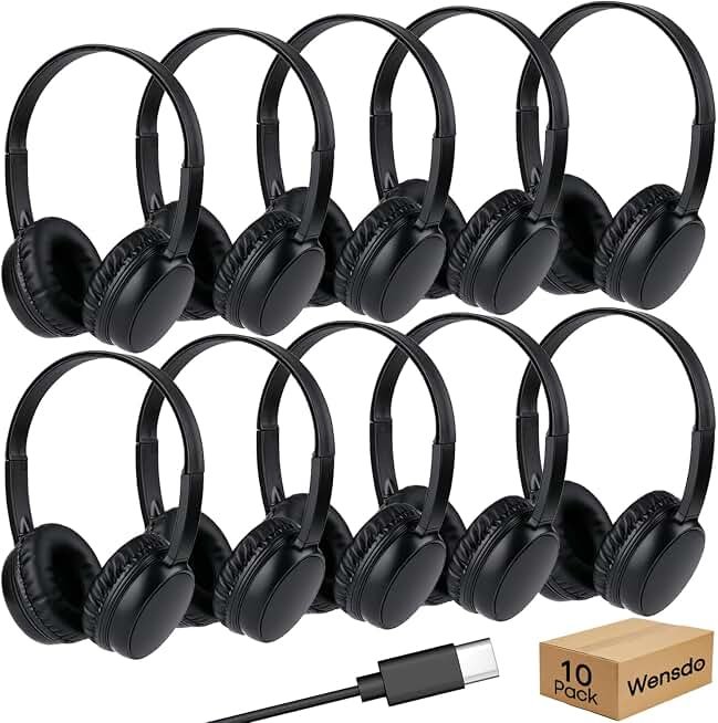 USB-C Classroom Headphones 10-Pack On-Ear for Kids K-12 | Bulk Type C Wired Durable Adjustable Headphones for School Students Compatible with Chromebook & Laptops (HY30C,10Pack)